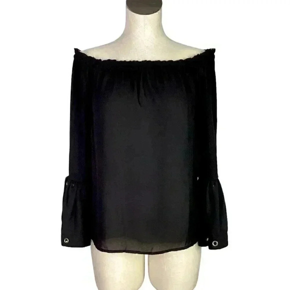 Haute Project Womens M Off Shoulder Raglan Bell Sleeve Top Relaxed Crepe Black - Picture 1 of 6